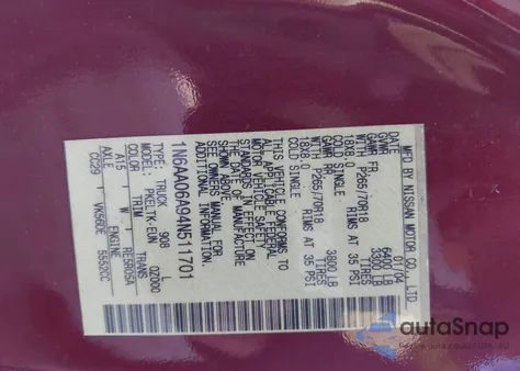 2004 Nissan Titan Se из США, поврежденный, VIN 1N6AA06A94N511701